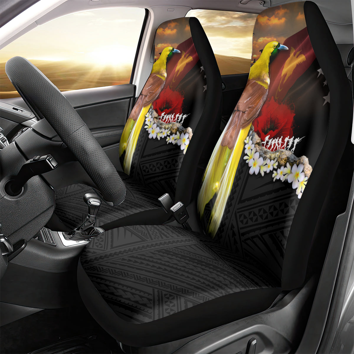 Papua New Guinea Remembrance Day Car Seat Cover Bird of Paradise Plumeria Flower and Polynesian Pattern LT03 - Polynesian Pride