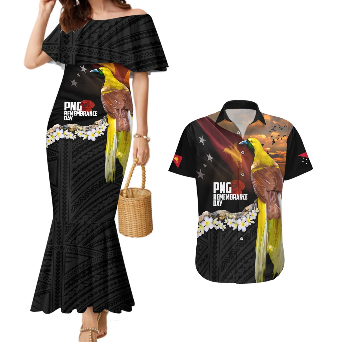 Papua New Guinea Remembrance Day Couples Matching Mermaid Dress and Hawaiian Shirt Bird of Paradise Plumeria Flower and Polynesian Pattern LT03 Black - Polynesian Pride