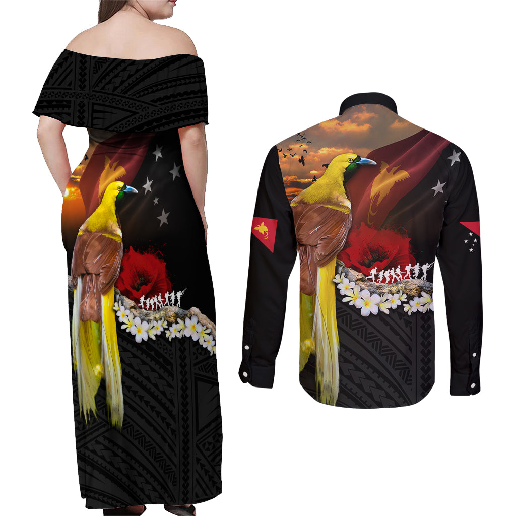 Papua New Guinea Remembrance Day Couples Matching Off Shoulder Maxi Dress and Long Sleeve Button Shirt Bird of Paradise Plumeria Flower and Polynesian Pattern LT03 - Polynesian Pride
