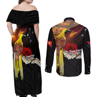 Papua New Guinea Remembrance Day Couples Matching Off Shoulder Maxi Dress and Long Sleeve Button Shirt Bird of Paradise Plumeria Flower and Polynesian Pattern LT03 - Polynesian Pride