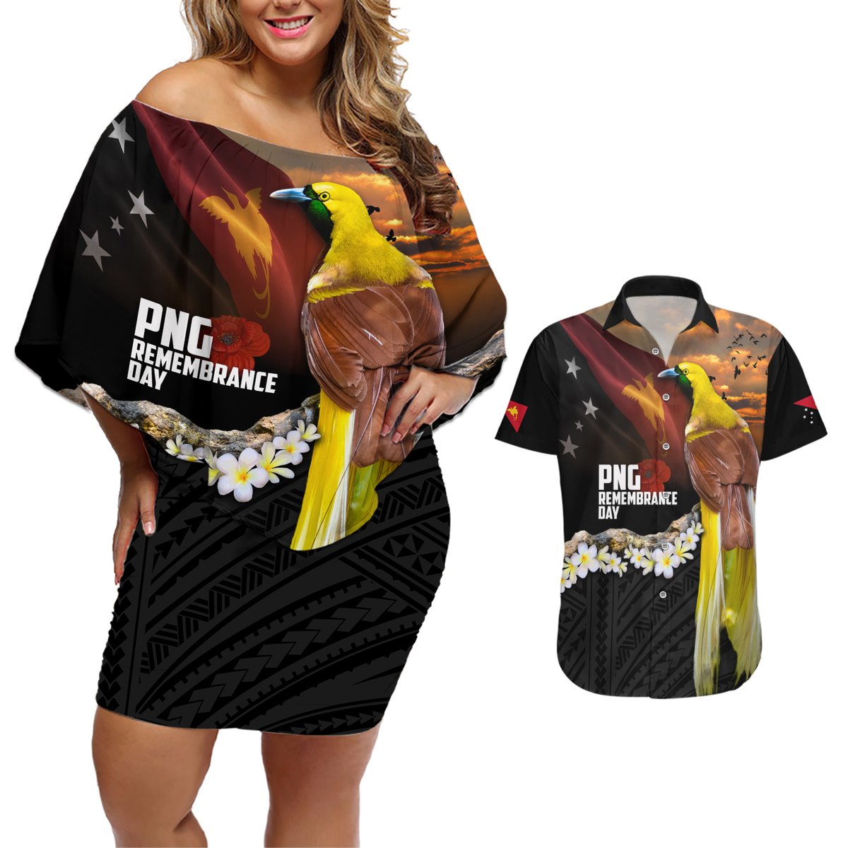 Papua New Guinea Remembrance Day Couples Matching Off Shoulder Short Dress and Hawaiian Shirt Bird of Paradise Plumeria Flower and Polynesian Pattern LT03 Black - Polynesian Pride