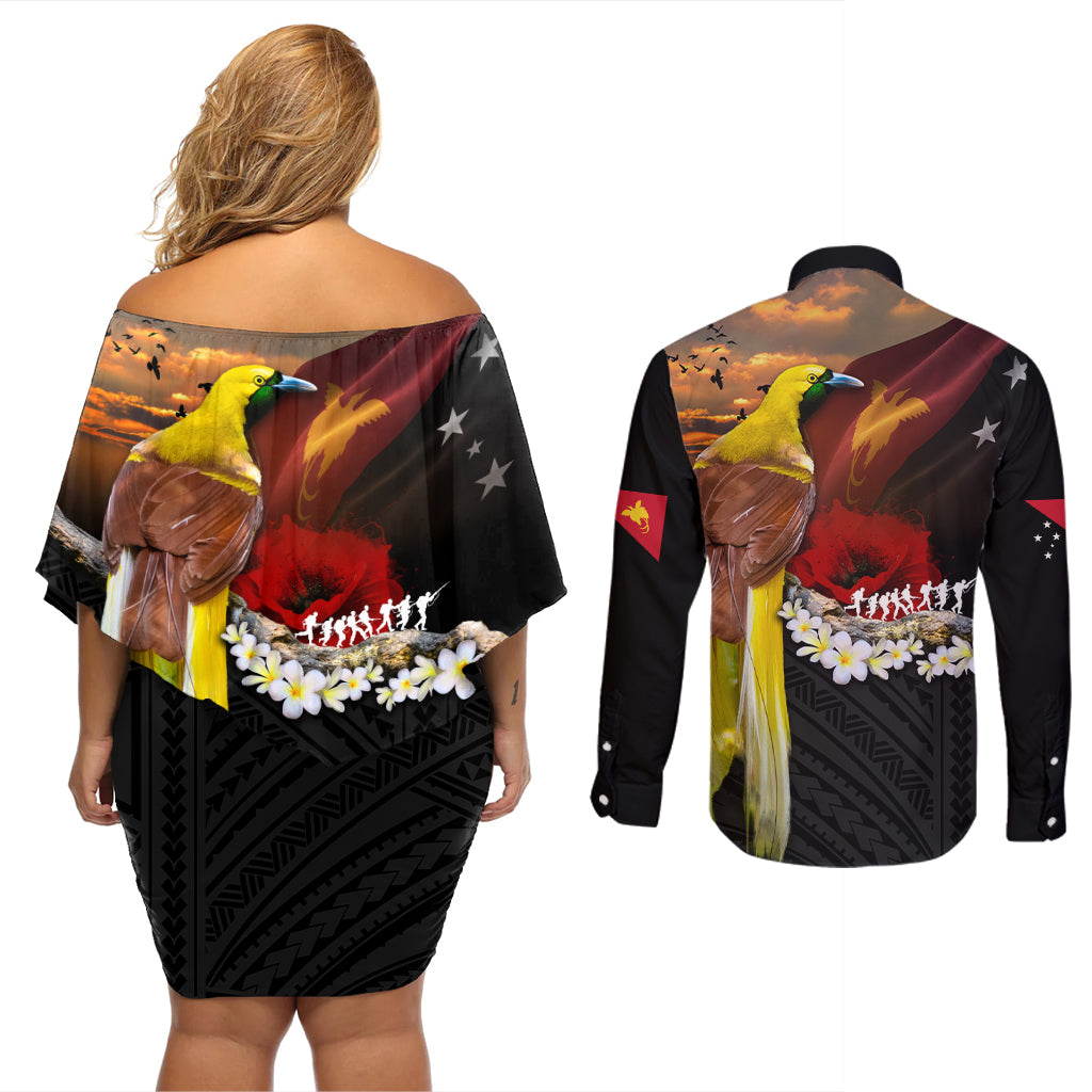 Papua New Guinea Remembrance Day Couples Matching Off Shoulder Short Dress and Long Sleeve Button Shirt Bird of Paradise Plumeria Flower and Polynesian Pattern LT03 - Polynesian Pride