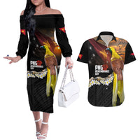 Papua New Guinea Remembrance Day Couples Matching Off The Shoulder Long Sleeve Dress and Hawaiian Shirt Bird of Paradise Plumeria Flower and Polynesian Pattern LT03 Black - Polynesian Pride