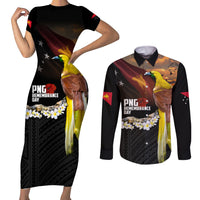 Papua New Guinea Remembrance Day Couples Matching Short Sleeve Bodycon Dress and Long Sleeve Button Shirt Bird of Paradise Plumeria Flower and Polynesian Pattern LT03 Black - Polynesian Pride