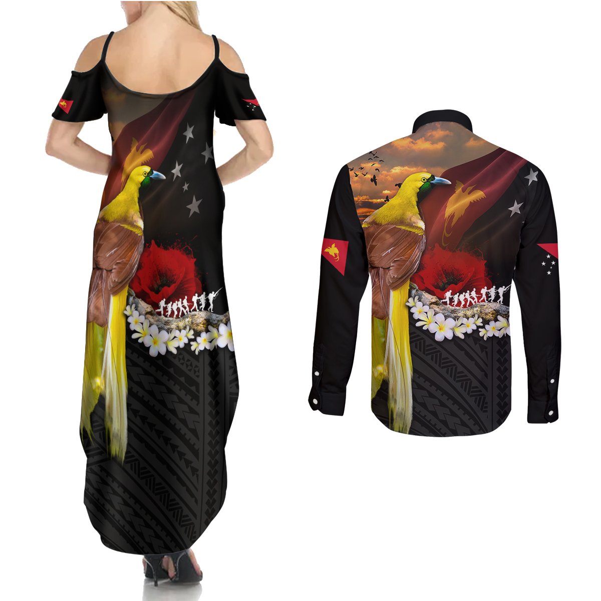 Papua New Guinea Remembrance Day Couples Matching Summer Maxi Dress and Long Sleeve Button Shirt Bird of Paradise Plumeria Flower and Polynesian Pattern LT03 - Polynesian Pride
