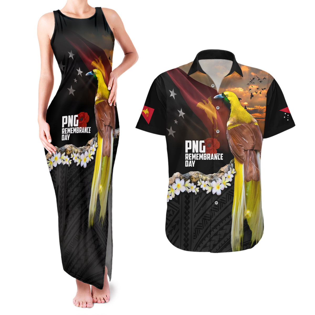 Papua New Guinea Remembrance Day Couples Matching Tank Maxi Dress and Hawaiian Shirt Bird of Paradise Plumeria Flower and Polynesian Pattern LT03 Black - Polynesian Pride