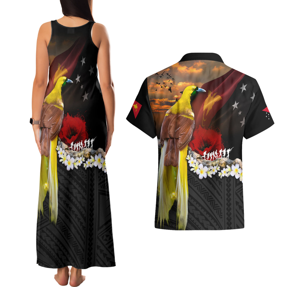 Papua New Guinea Remembrance Day Couples Matching Tank Maxi Dress and Hawaiian Shirt Bird of Paradise Plumeria Flower and Polynesian Pattern LT03 - Polynesian Pride