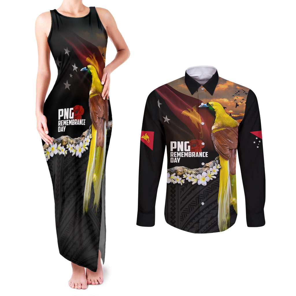 Papua New Guinea Remembrance Day Couples Matching Tank Maxi Dress and Long Sleeve Button Shirt Bird of Paradise Plumeria Flower and Polynesian Pattern LT03 Black - Polynesian Pride