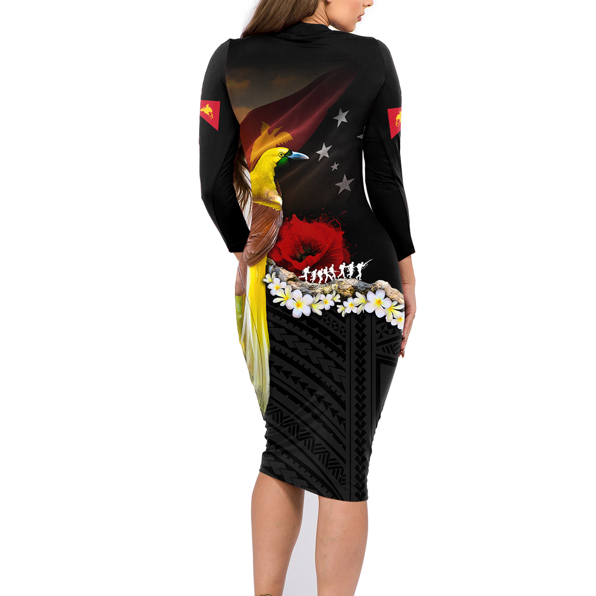 Papua New Guinea Remembrance Day Family Matching Long Sleeve Bodycon Dress and Hawaiian Shirt Bird of Paradise Plumeria Flower and Polynesian Pattern LT03 - Polynesian Pride