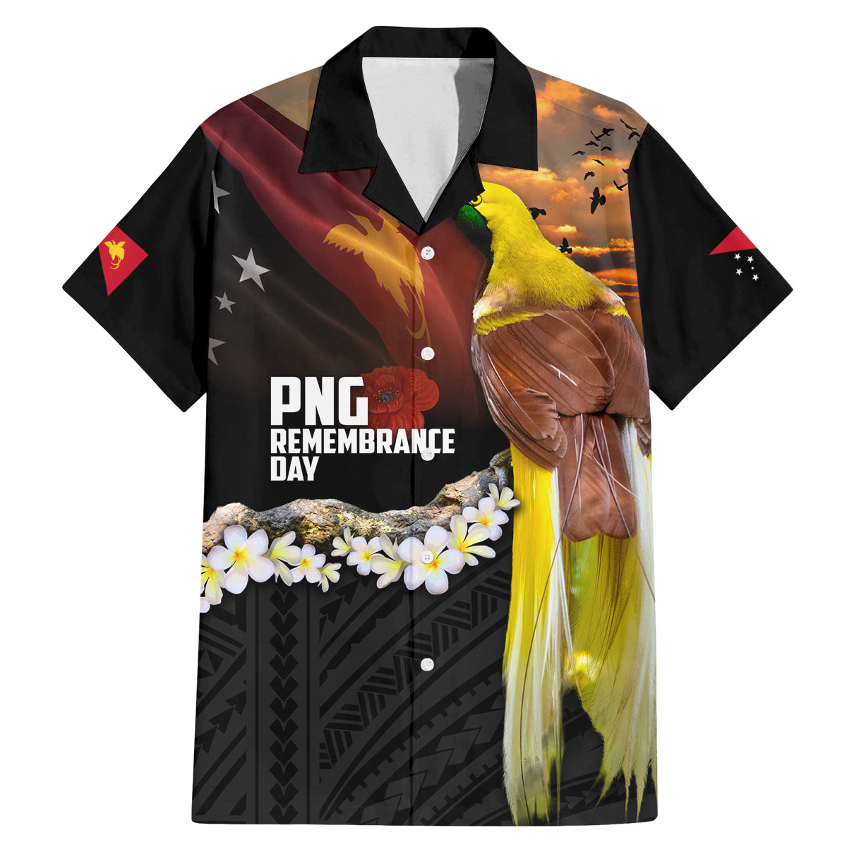 Papua New Guinea Remembrance Day Family Matching Mermaid Dress and Hawaiian Shirt Bird of Paradise Plumeria Flower and Polynesian Pattern LT03 Dad's Shirt - Short Sleeve Black - Polynesian Pride