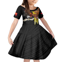 Papua New Guinea Remembrance Day Family Matching Off The Shoulder Long Sleeve Dress and Hawaiian Shirt Bird of Paradise Plumeria Flower and Polynesian Pattern LT03 Daughter's Dress Black - Polynesian Pride