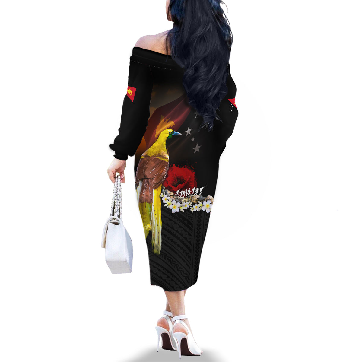 Papua New Guinea Remembrance Day Family Matching Off The Shoulder Long Sleeve Dress and Hawaiian Shirt Bird of Paradise Plumeria Flower and Polynesian Pattern LT03 - Polynesian Pride