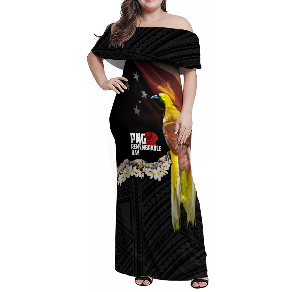 Papua New Guinea Remembrance Day Family Matching Off Shoulder Maxi Dress and Hawaiian Shirt Bird of Paradise Plumeria Flower and Polynesian Pattern LT03 Mom's Dress Black - Polynesian Pride