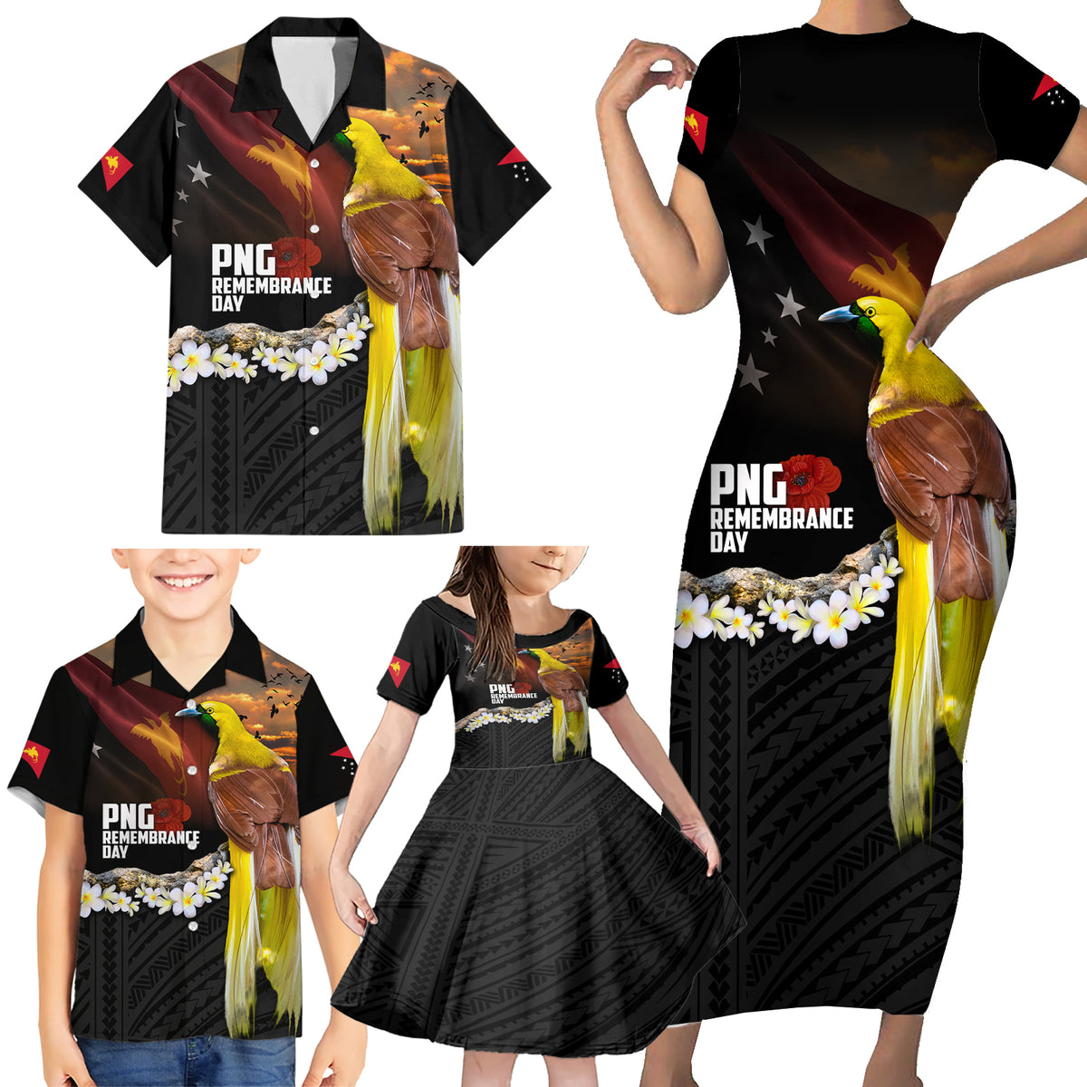 Papua New Guinea Remembrance Day Family Matching Short Sleeve Bodycon Dress and Hawaiian Shirt Bird of Paradise Plumeria Flower and Polynesian Pattern LT03 - Polynesian Pride