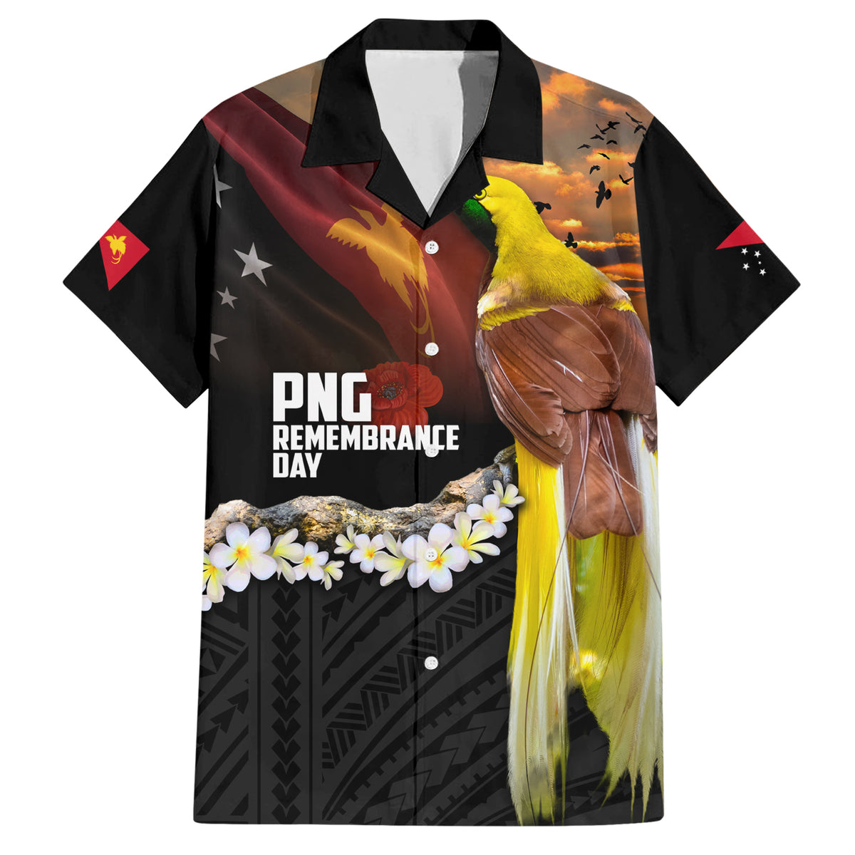 Papua New Guinea Remembrance Day Family Matching Short Sleeve Bodycon Dress and Hawaiian Shirt Bird of Paradise Plumeria Flower and Polynesian Pattern LT03 Dad's Shirt - Short Sleeve Black - Polynesian Pride
