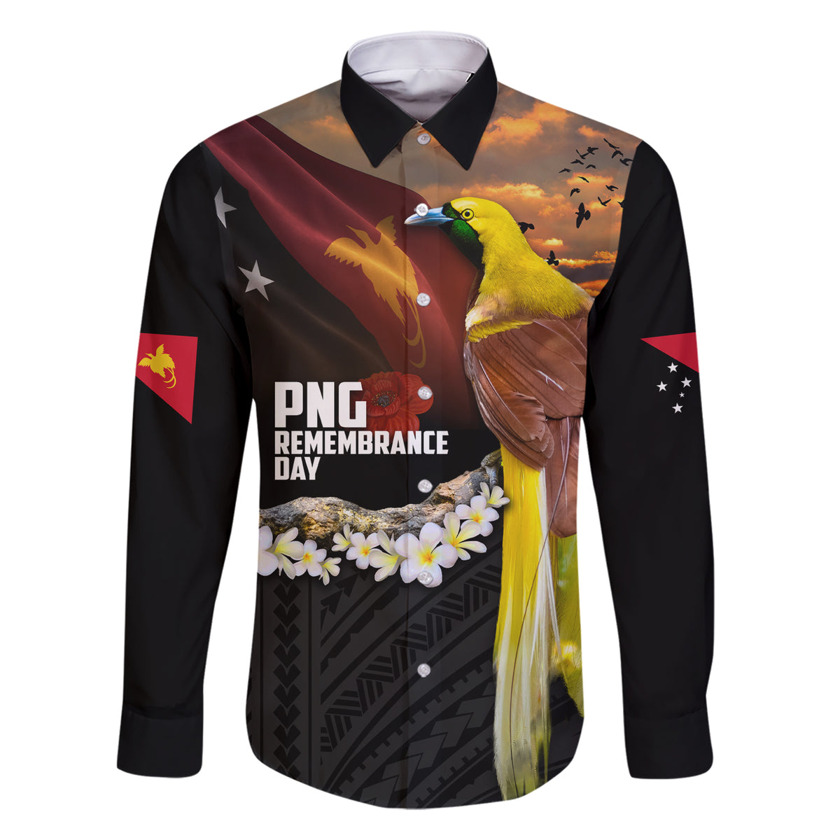 Papua New Guinea Remembrance Day Family Matching Short Sleeve Bodycon Dress and Hawaiian Shirt Bird of Paradise Plumeria Flower and Polynesian Pattern LT03 Dad's Shirt - Long Sleeve Black - Polynesian Pride