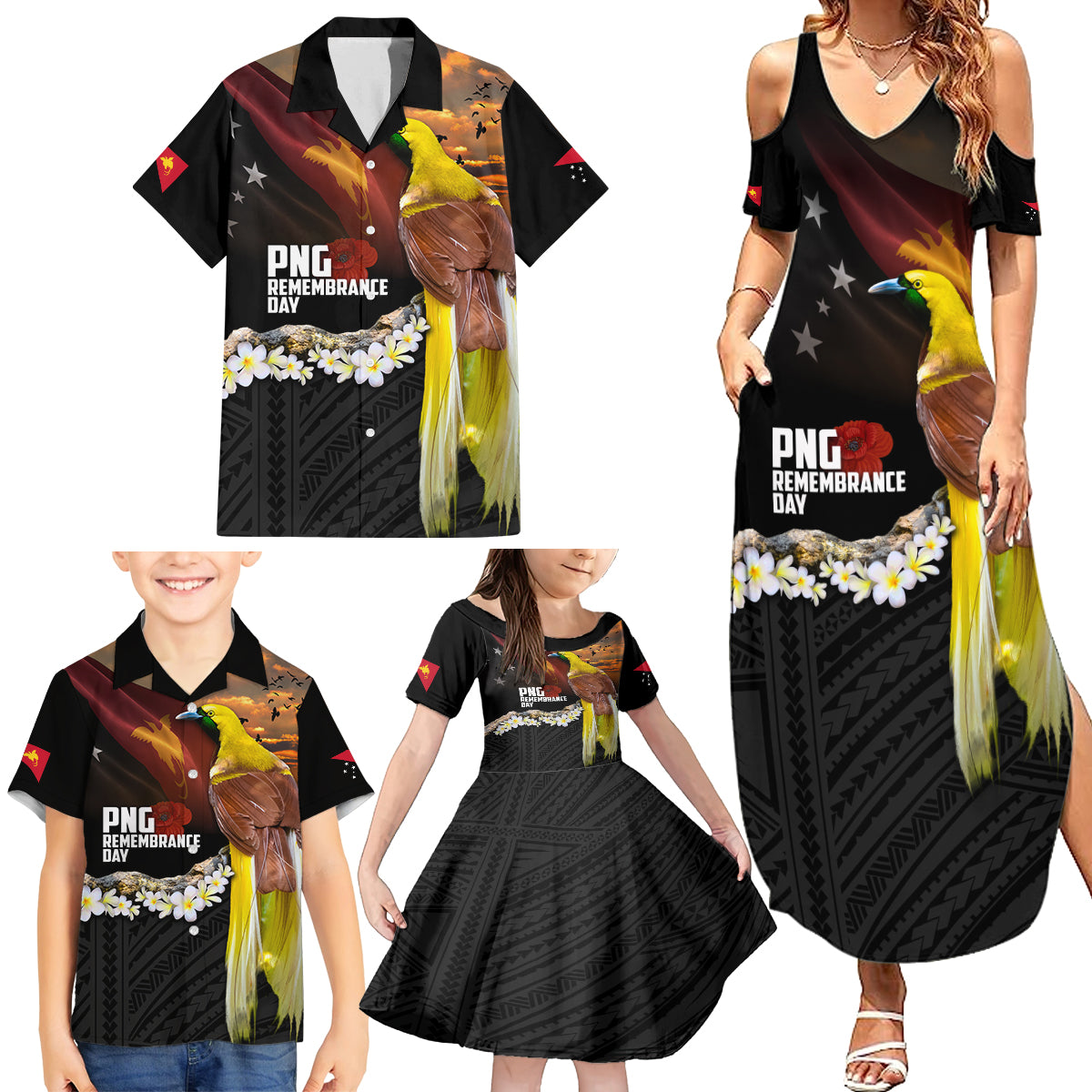 Papua New Guinea Remembrance Day Family Matching Summer Maxi Dress and Hawaiian Shirt Bird of Paradise Plumeria Flower and Polynesian Pattern LT03 - Polynesian Pride