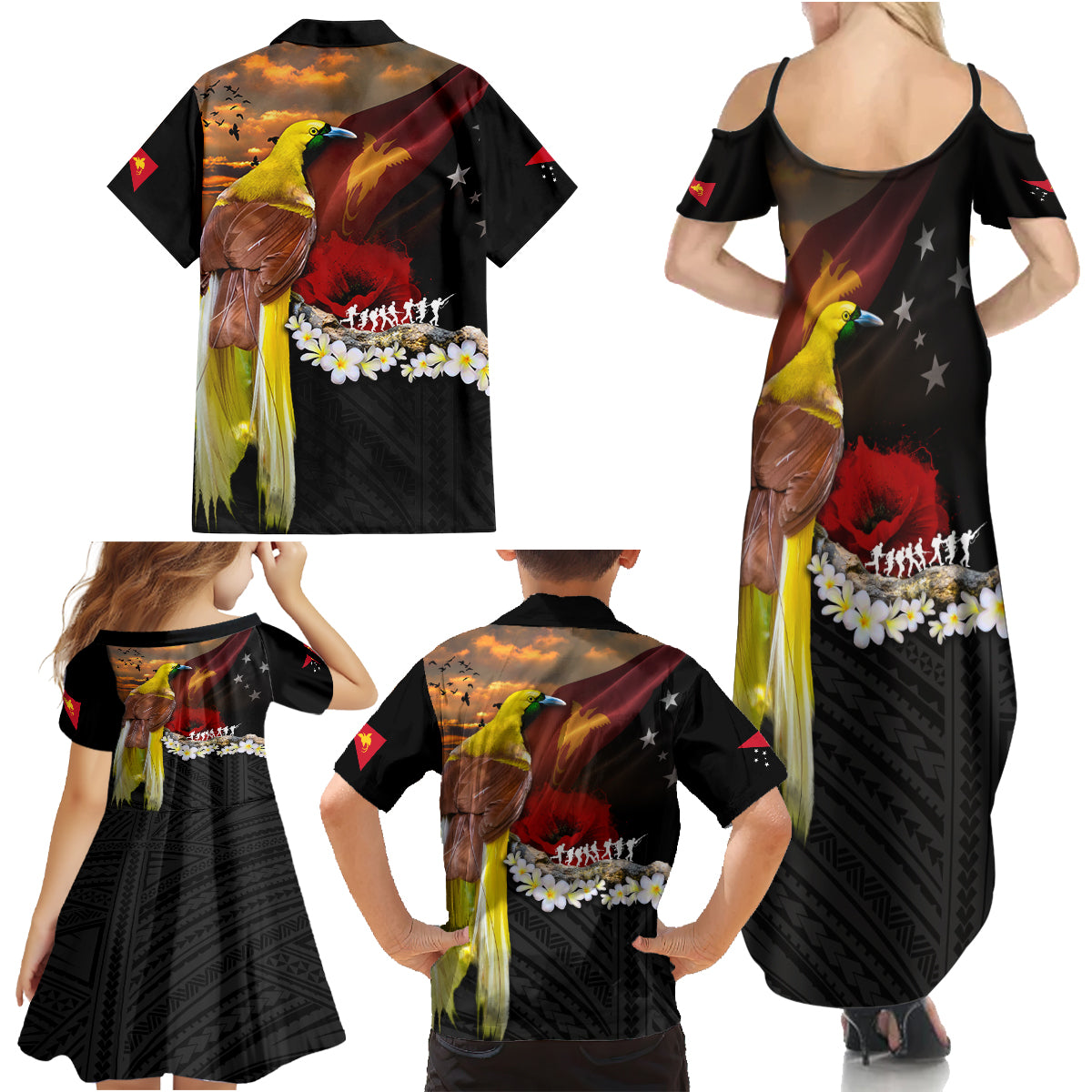 Papua New Guinea Remembrance Day Family Matching Summer Maxi Dress and Hawaiian Shirt Bird of Paradise Plumeria Flower and Polynesian Pattern LT03 - Polynesian Pride