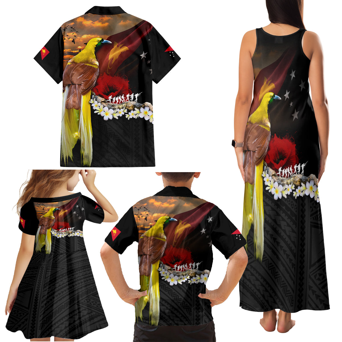 Papua New Guinea Remembrance Day Family Matching Tank Maxi Dress and Hawaiian Shirt Bird of Paradise Plumeria Flower and Polynesian Pattern LT03 - Polynesian Pride