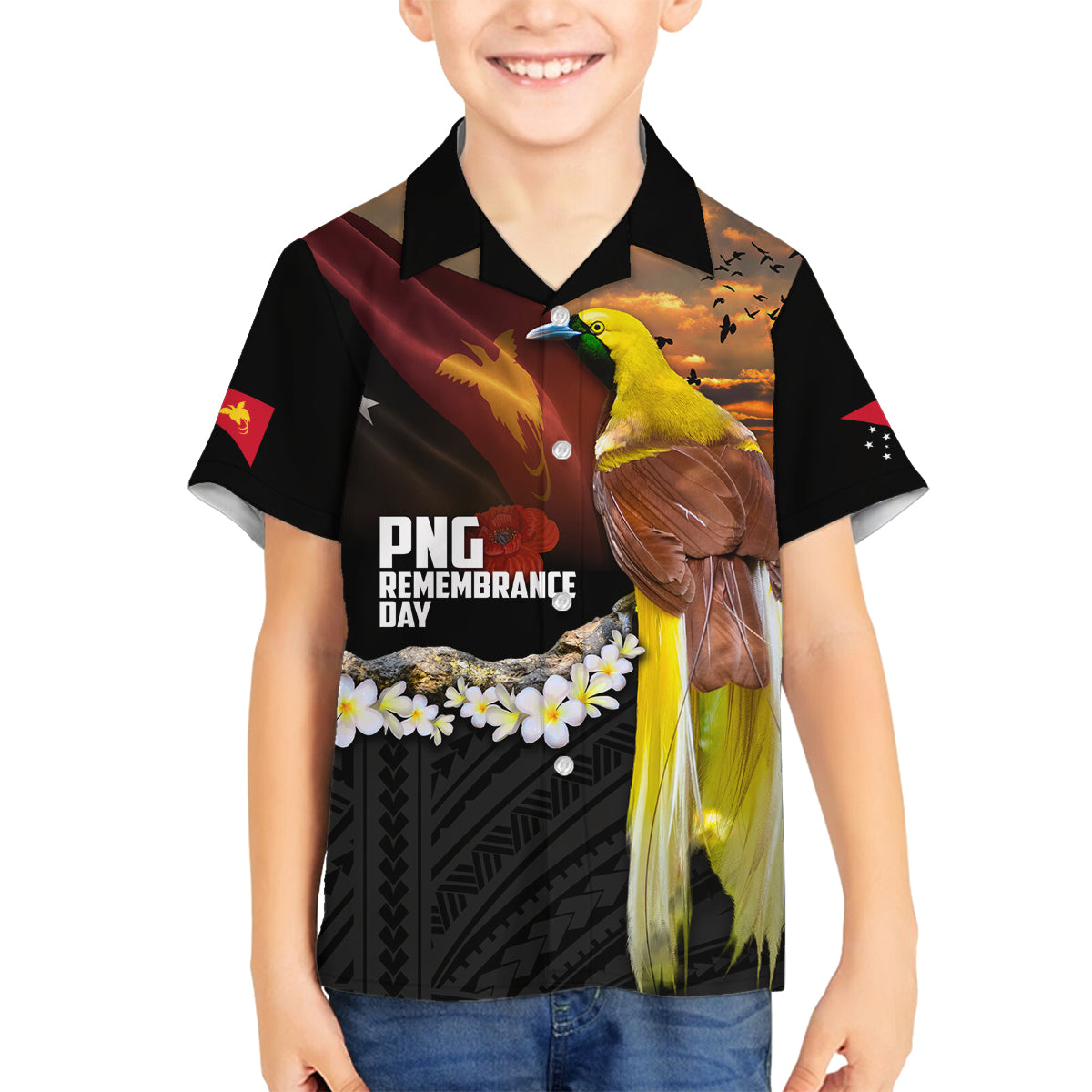 Papua New Guinea Remembrance Day Family Matching Tank Maxi Dress and Hawaiian Shirt Bird of Paradise Plumeria Flower and Polynesian Pattern LT03 Son's Shirt Black - Polynesian Pride