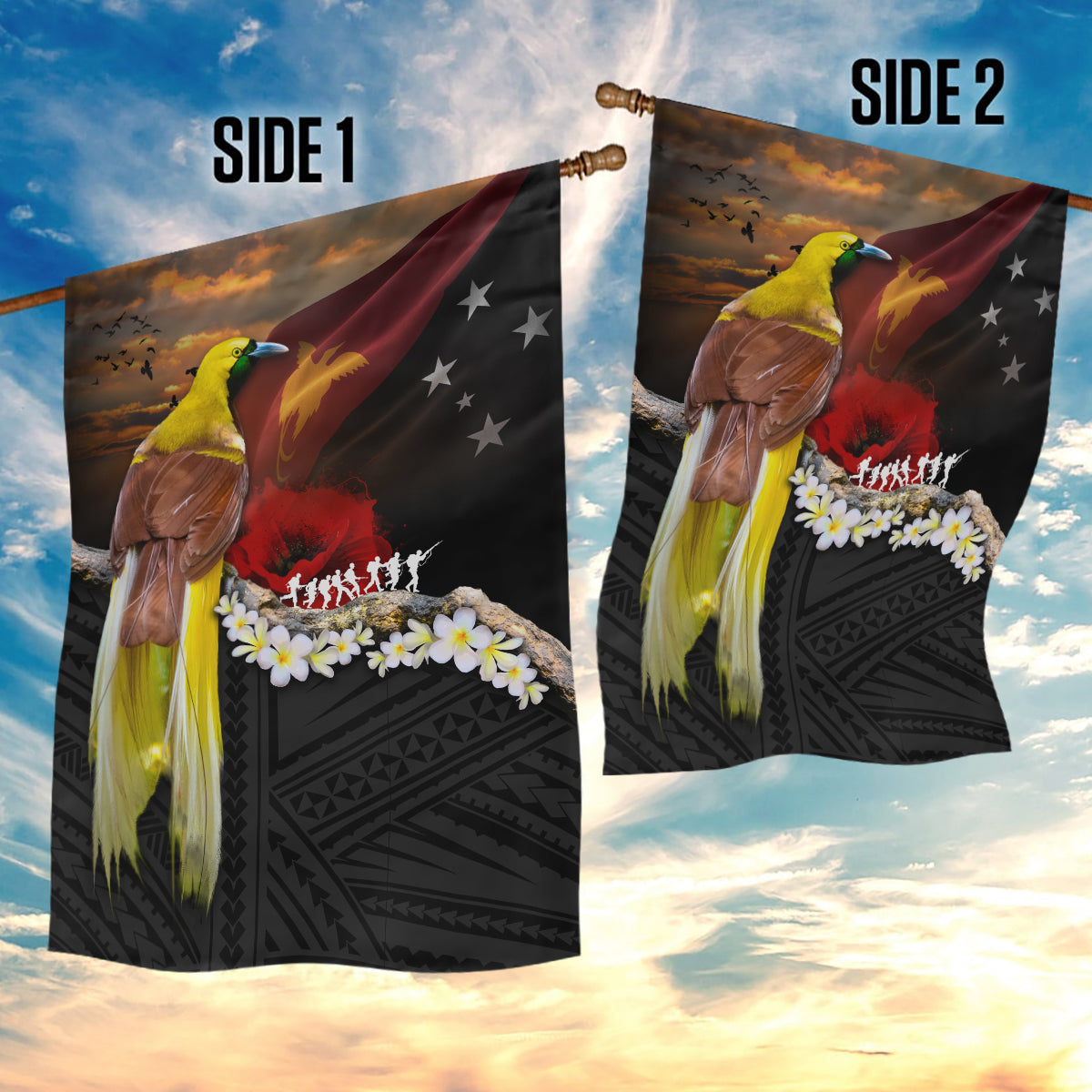 Papua New Guinea Remembrance Day Garden Flag Bird of Paradise Plumeria Flower and Polynesian Pattern LT03 - Polynesian Pride
