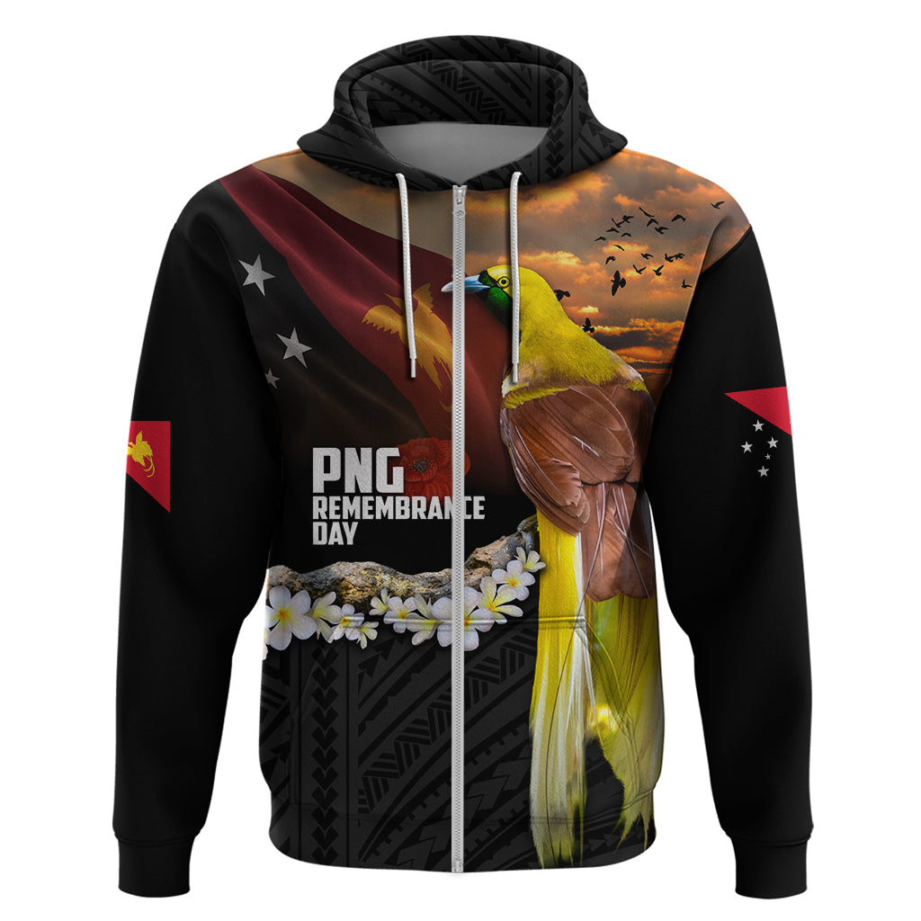 Papua New Guinea Remembrance Day Hoodie Bird of Paradise Plumeria Flower and Polynesian Pattern LT03 Zip Hoodie Black - Polynesian Pride