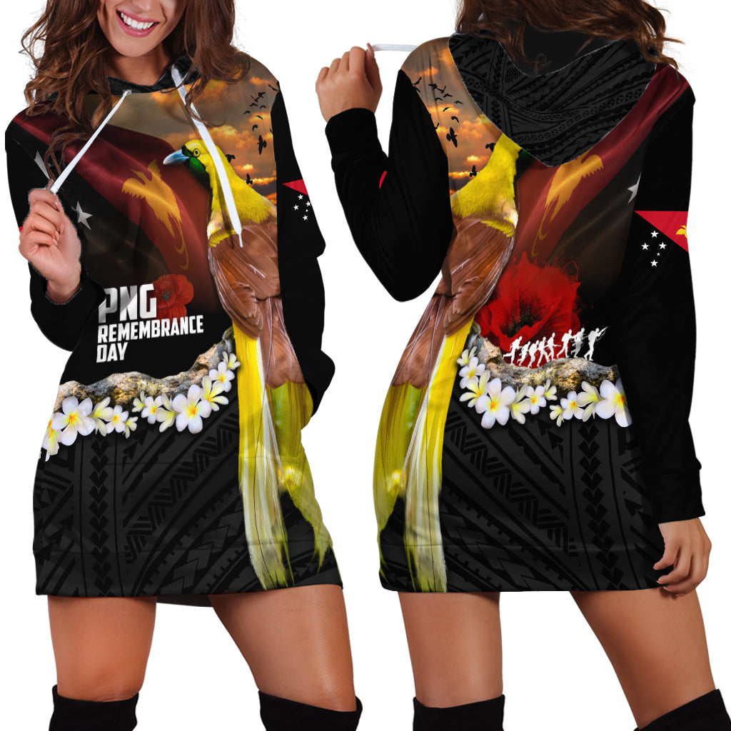 Papua New Guinea Remembrance Day Hoodie Dress Bird of Paradise Plumeria Flower and Polynesian Pattern LT03 - Polynesian Pride