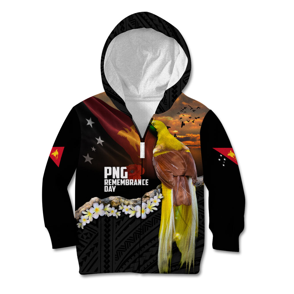 Papua New Guinea Remembrance Day Kid Hoodie Bird of Paradise Plumeria Flower and Polynesian Pattern LT03 Zip Hoodie Black - Polynesian Pride