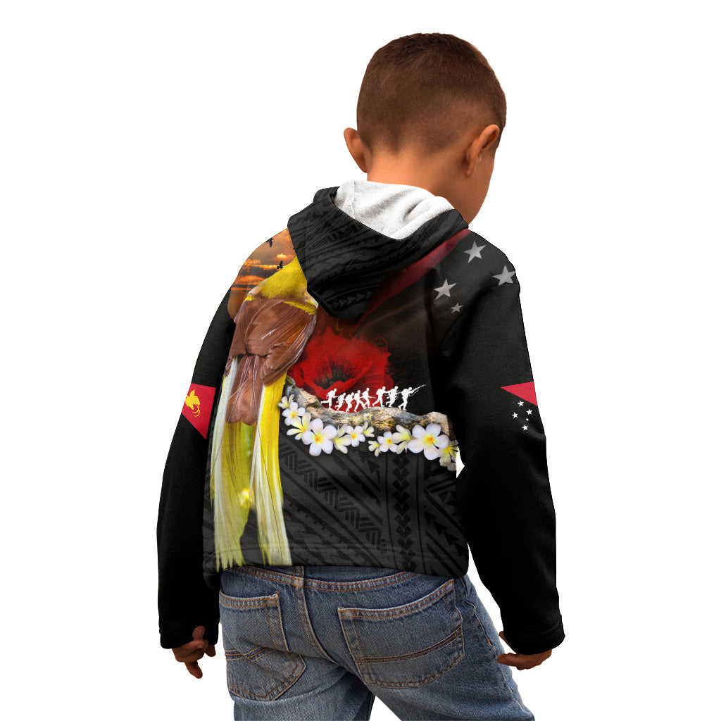 Papua New Guinea Remembrance Day Kid Hoodie Bird of Paradise Plumeria Flower and Polynesian Pattern LT03 - Polynesian Pride