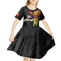 Papua New Guinea Remembrance Day Kid Short Sleeve Dress Bird of Paradise Plumeria Flower and Polynesian Pattern LT03 - Polynesian Pride