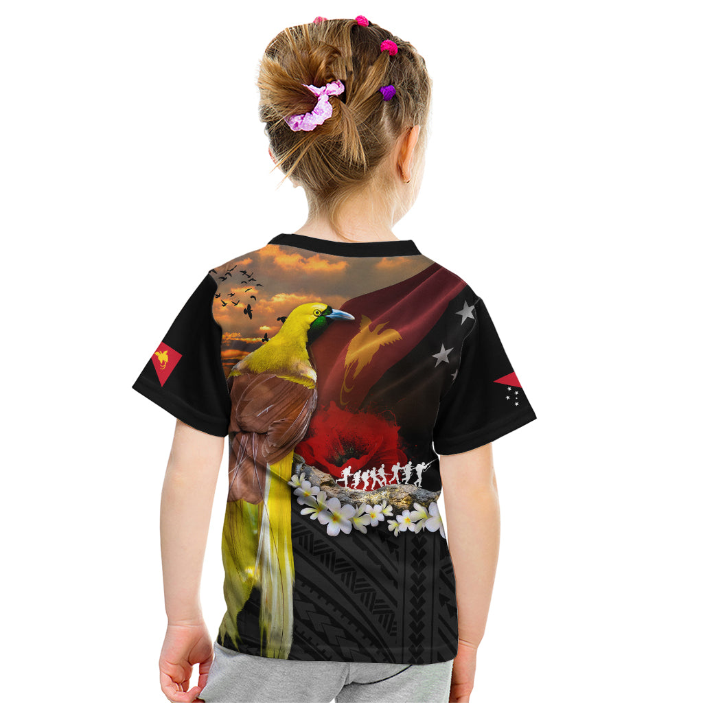 Papua New Guinea Remembrance Day Kid T Shirt Bird of Paradise Plumeria Flower and Polynesian Pattern LT03 - Polynesian Pride