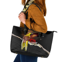 Papua New Guinea Remembrance Day Leather Tote Bag Bird of Paradise Plumeria Flower and Polynesian Pattern LT03 Black - Polynesian Pride