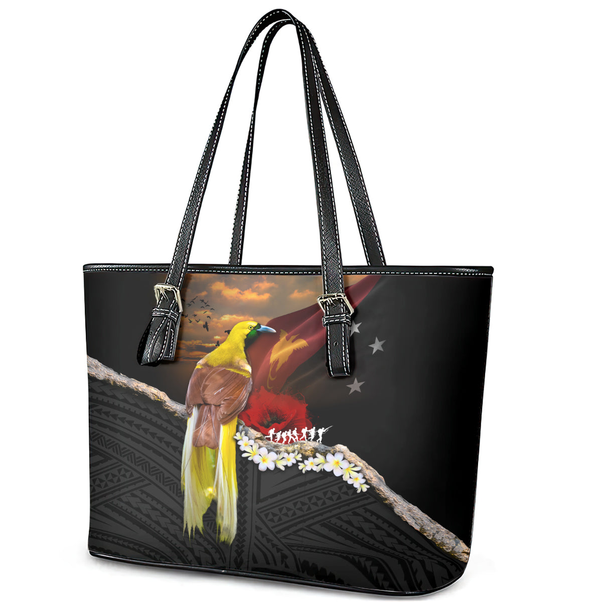 Papua New Guinea Remembrance Day Leather Tote Bag Bird of Paradise Plumeria Flower and Polynesian Pattern LT03 - Polynesian Pride