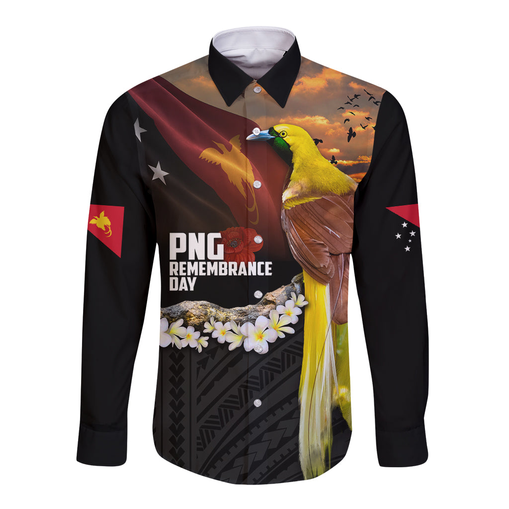 Papua New Guinea Remembrance Day Long Sleeve Button Shirt Bird of Paradise Plumeria Flower and Polynesian Pattern LT03 Unisex Black - Polynesian Pride