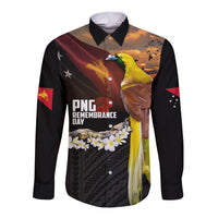 Papua New Guinea Remembrance Day Long Sleeve Button Shirt Bird of Paradise Plumeria Flower and Polynesian Pattern LT03 Unisex Black - Polynesian Pride