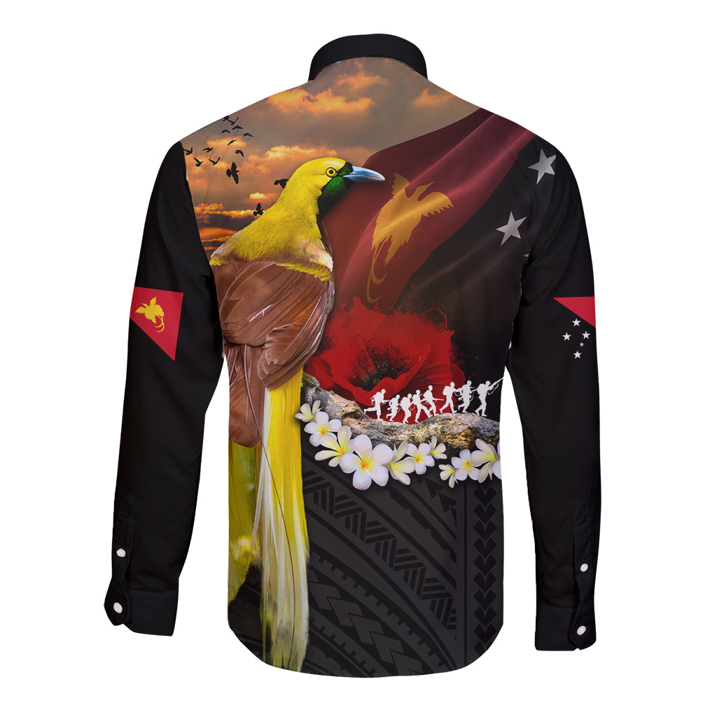 Papua New Guinea Remembrance Day Long Sleeve Button Shirt Bird of Paradise Plumeria Flower and Polynesian Pattern LT03 - Polynesian Pride