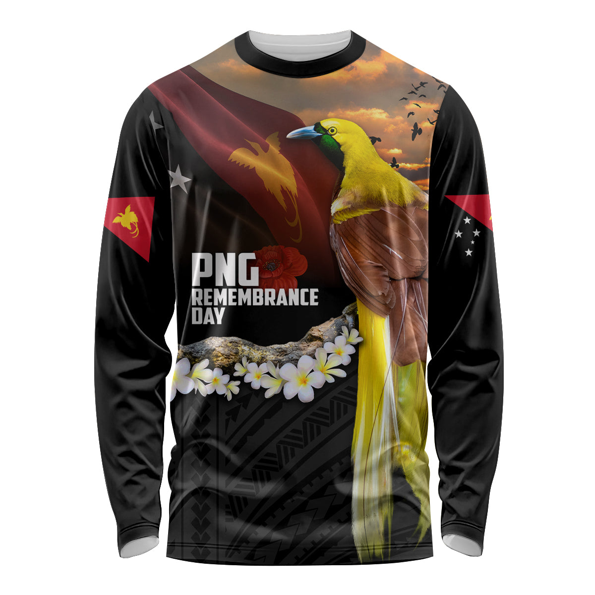 Papua New Guinea Remembrance Day Long Sleeve Shirt Bird of Paradise Plumeria Flower and Polynesian Pattern LT03 Unisex Black - Polynesian Pride
