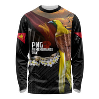 Papua New Guinea Remembrance Day Long Sleeve Shirt Bird of Paradise Plumeria Flower and Polynesian Pattern LT03 Unisex Black - Polynesian Pride