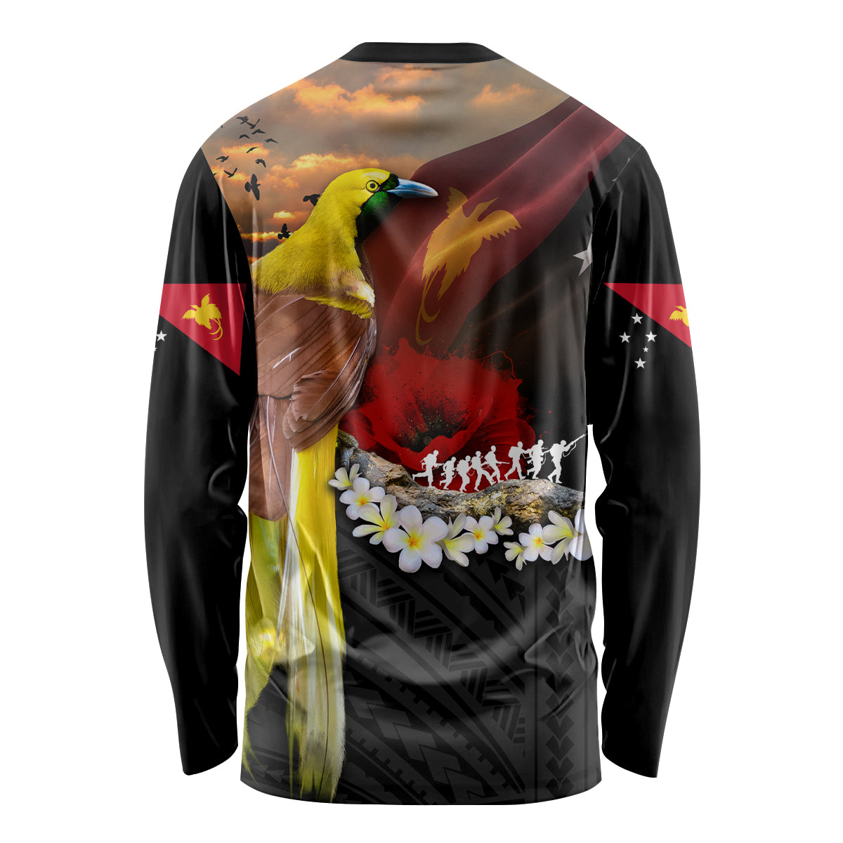 Papua New Guinea Remembrance Day Long Sleeve Shirt Bird of Paradise Plumeria Flower and Polynesian Pattern LT03 - Polynesian Pride