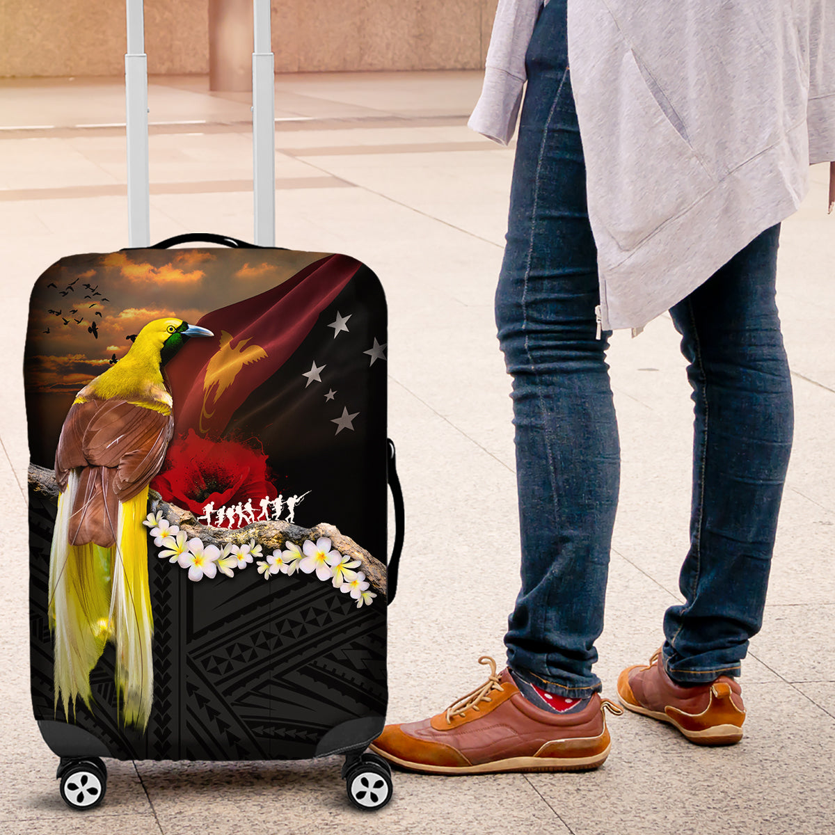 Papua New Guinea Remembrance Day Luggage Cover Bird of Paradise Plumeria Flower and Polynesian Pattern LT03 Black - Polynesian Pride