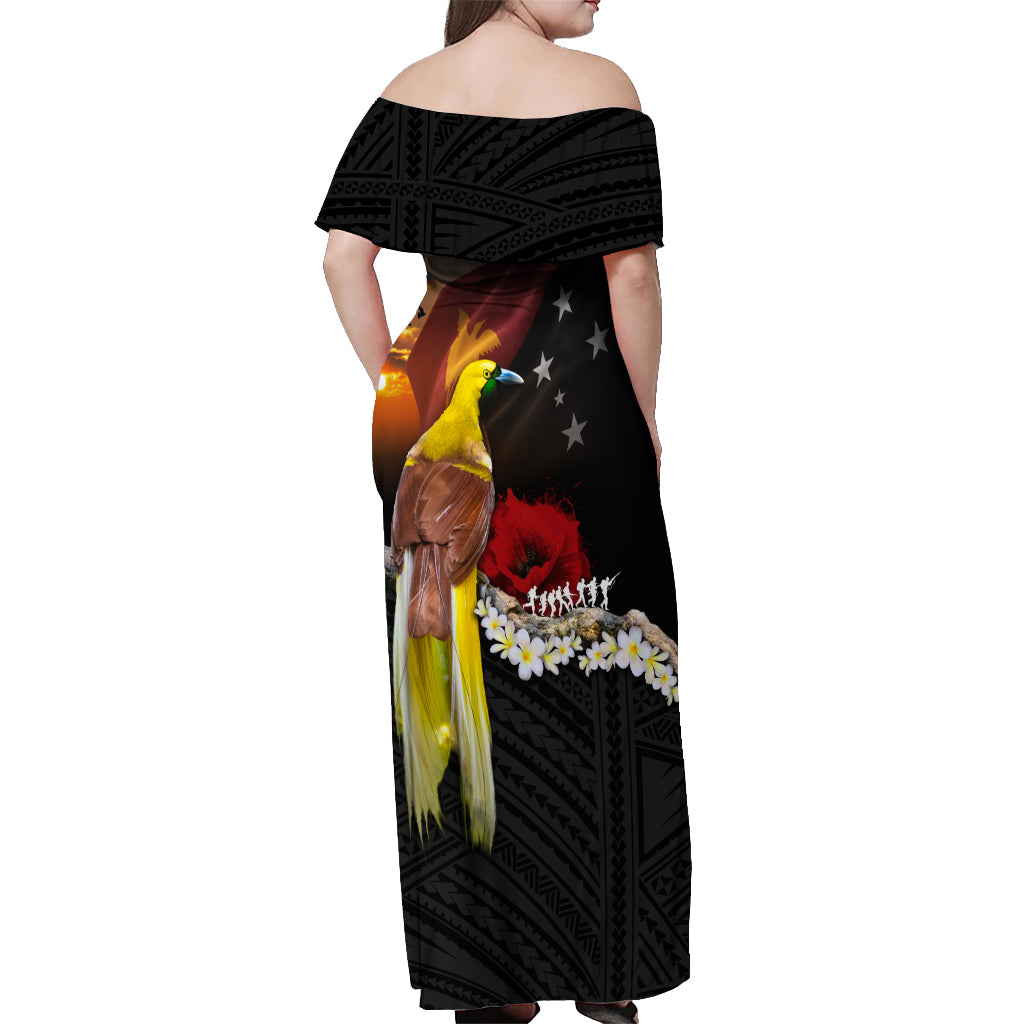 Papua New Guinea Remembrance Day Off Shoulder Maxi Dress Bird of Paradise Plumeria Flower and Polynesian Pattern LT03 - Polynesian Pride
