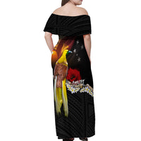 Papua New Guinea Remembrance Day Off Shoulder Maxi Dress Bird of Paradise Plumeria Flower and Polynesian Pattern LT03 - Polynesian Pride