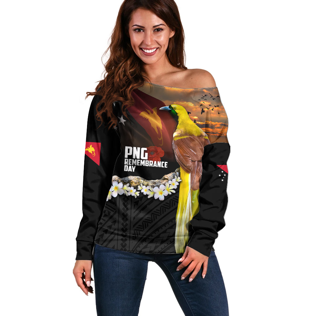 Papua New Guinea Remembrance Day Off Shoulder Sweater Bird of Paradise Plumeria Flower and Polynesian Pattern LT03 Women Black - Polynesian Pride