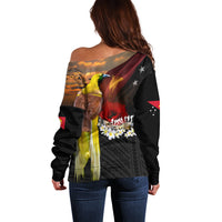 Papua New Guinea Remembrance Day Off Shoulder Sweater Bird of Paradise Plumeria Flower and Polynesian Pattern LT03 - Polynesian Pride