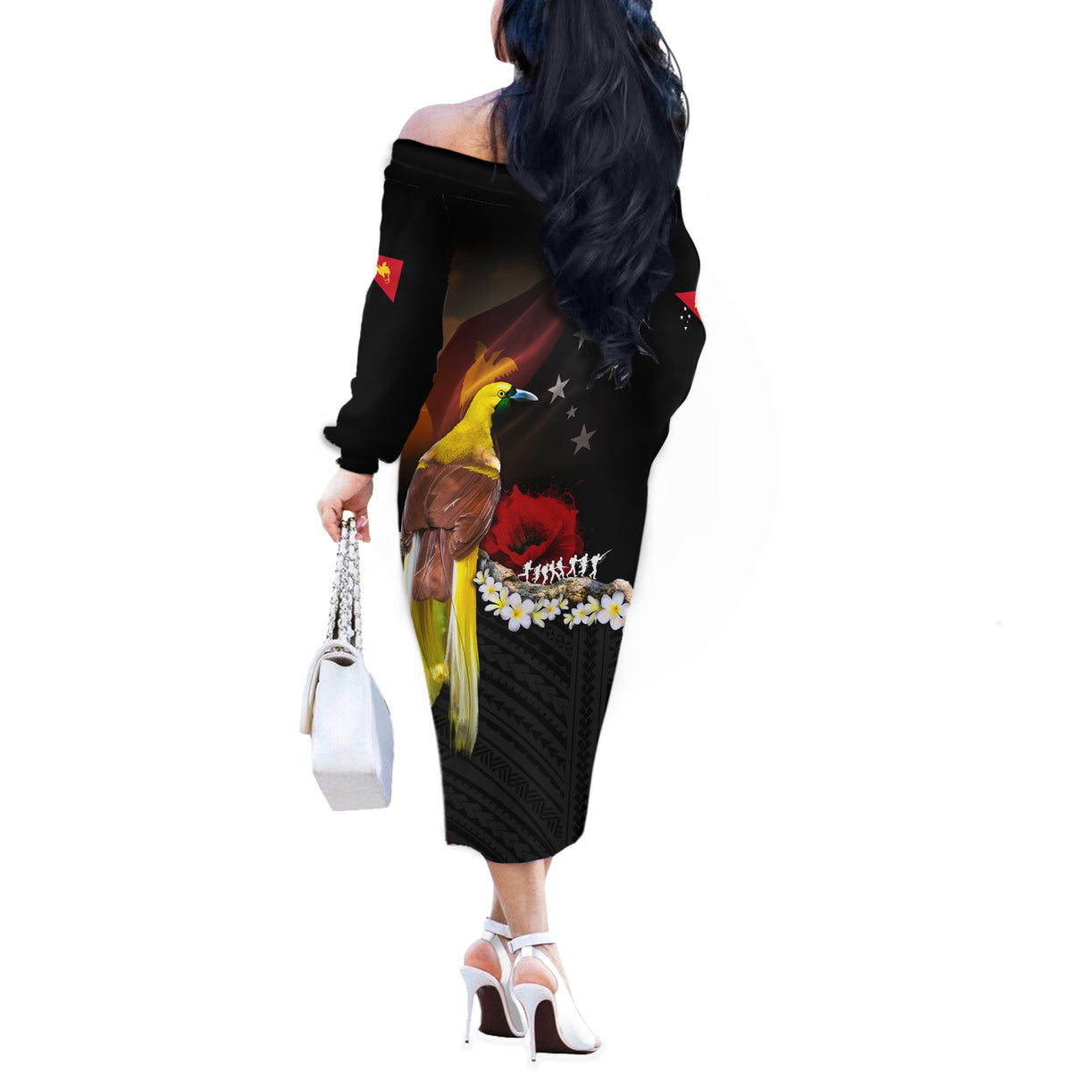 Papua New Guinea Remembrance Day Off The Shoulder Long Sleeve Dress Bird of Paradise Plumeria Flower and Polynesian Pattern LT03 - Polynesian Pride