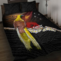 Papua New Guinea Remembrance Day Quilt Bed Set Bird of Paradise Plumeria Flower and Polynesian Pattern LT03 Black - Polynesian Pride