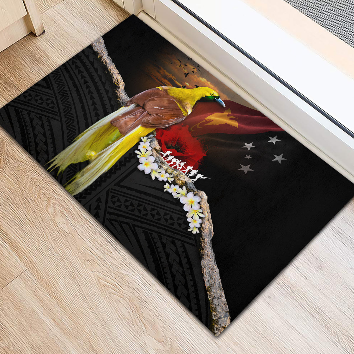 Papua New Guinea Remembrance Day Rubber Doormat Bird of Paradise Plumeria Flower and Polynesian Pattern LT03 - Polynesian Pride