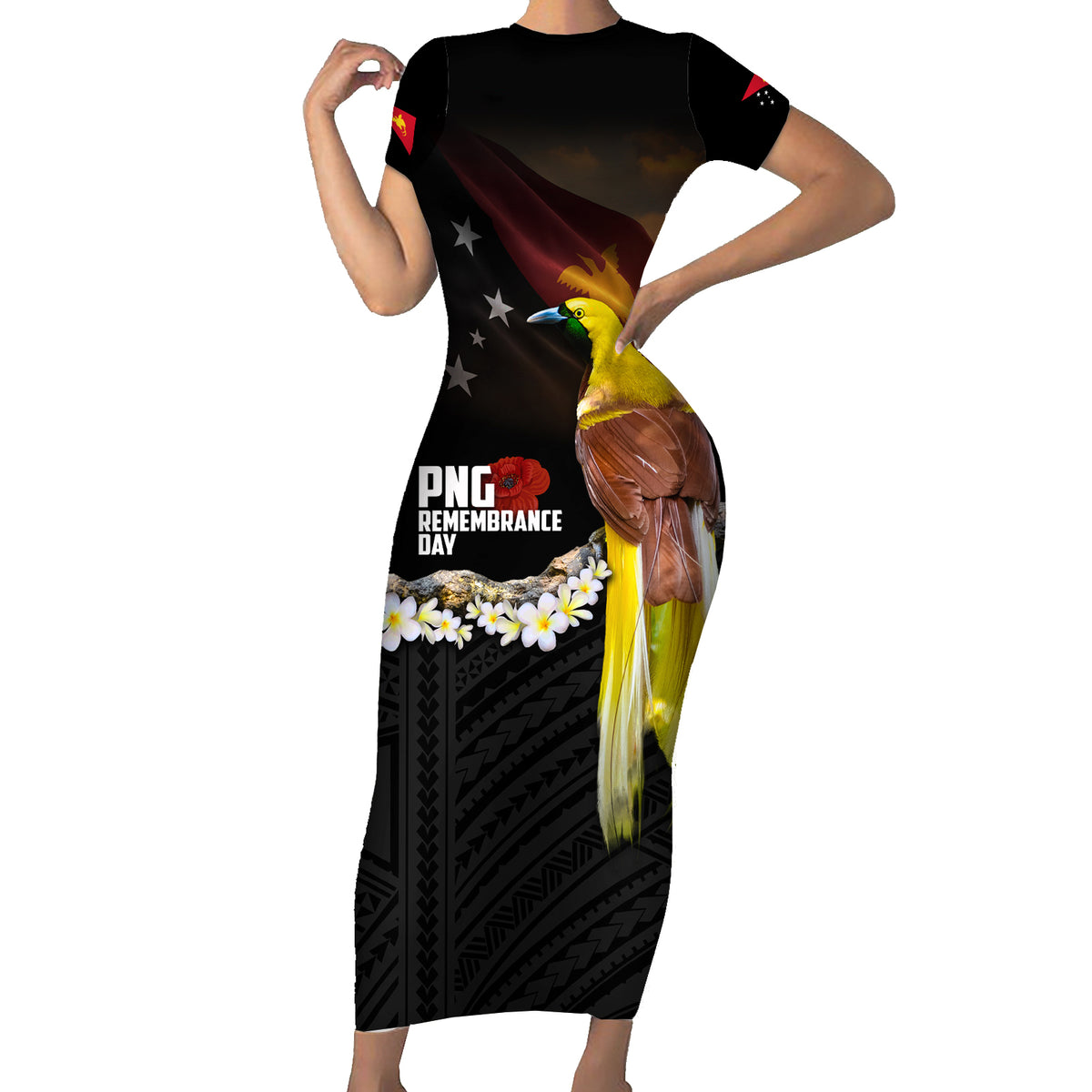 Papua New Guinea Remembrance Day Short Sleeve Bodycon Dress Bird of Paradise Plumeria Flower and Polynesian Pattern LT03 Long Dress Black - Polynesian Pride