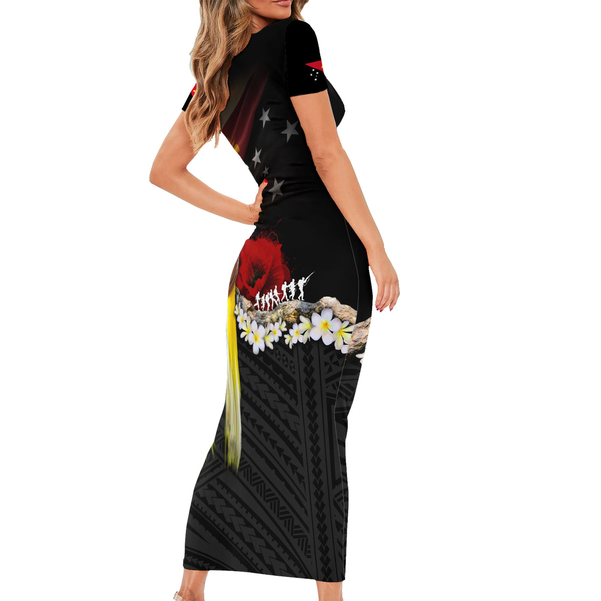 Papua New Guinea Remembrance Day Short Sleeve Bodycon Dress Bird of Paradise Plumeria Flower and Polynesian Pattern LT03 - Polynesian Pride