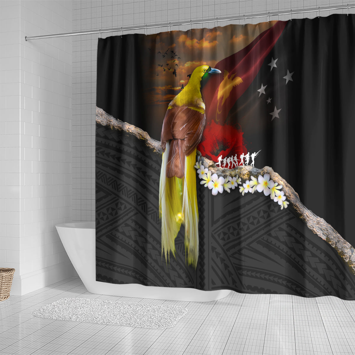 Papua New Guinea Remembrance Day Shower Curtain Bird of Paradise Plumeria Flower and Polynesian Pattern LT03 - Polynesian Pride